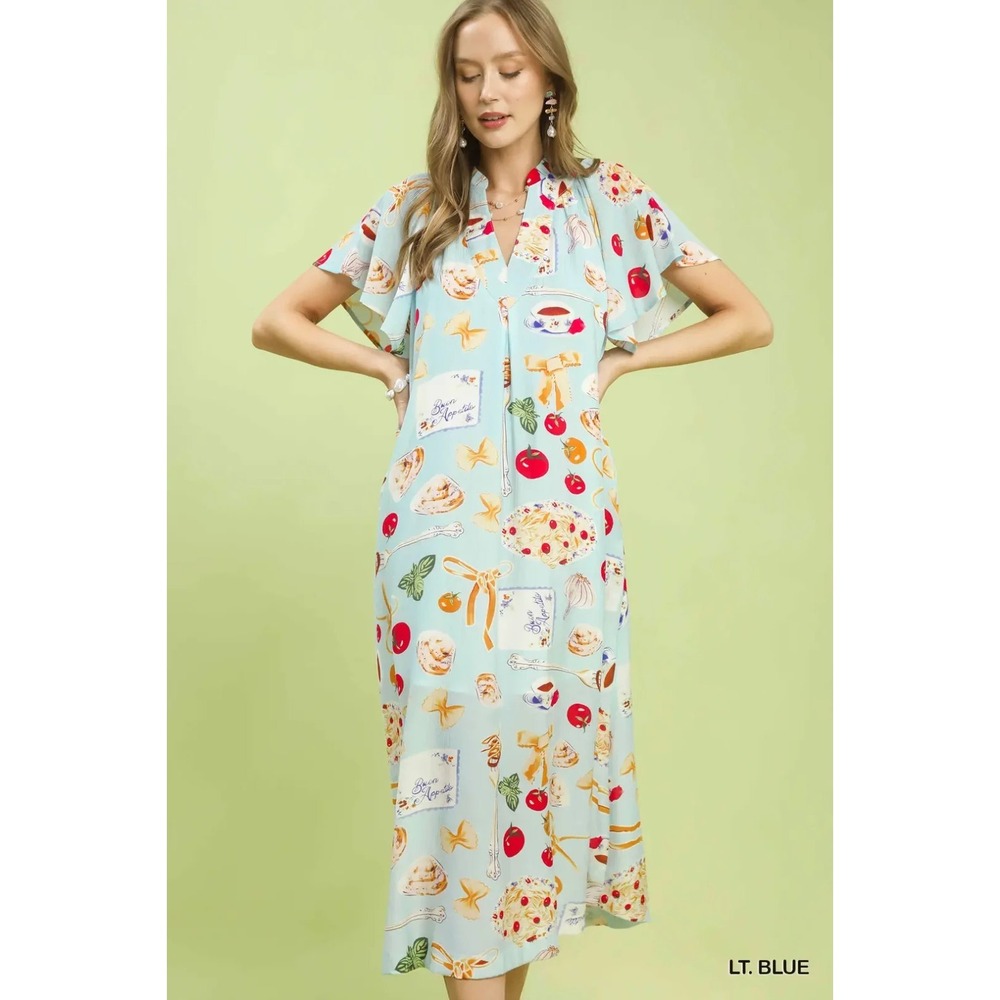 Umgee Abstract Print Flutter Sleeve Midi Dress - Lt. Blue - Small